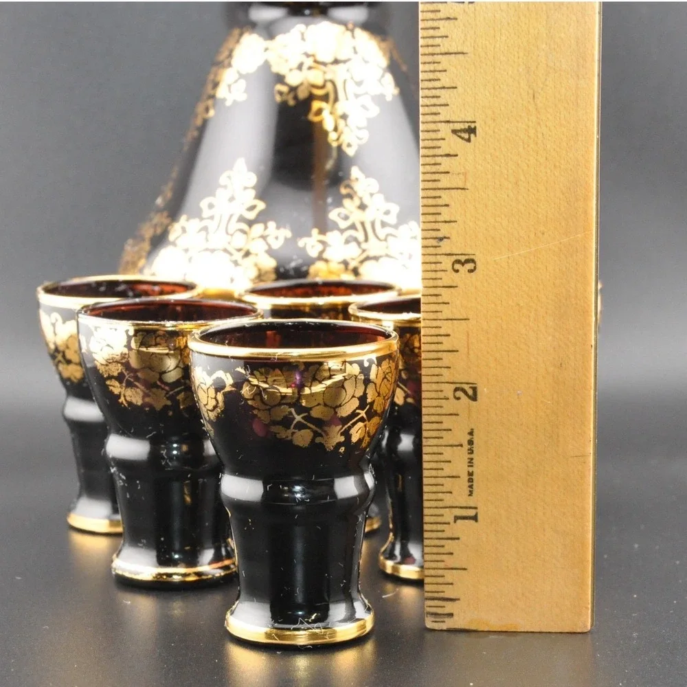 Vintage Italian Amethyst Glass Decanter Set‎ 7pc Black Gold Floral Excellent